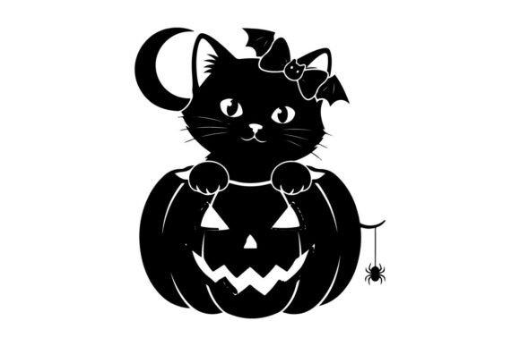 Black Cat Sitting on Jack O Lantern Silh