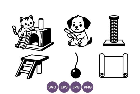 Cat and Puppy Black and White Line Art