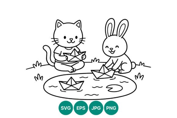 Cat and Rabbit Playing with Paper Boats