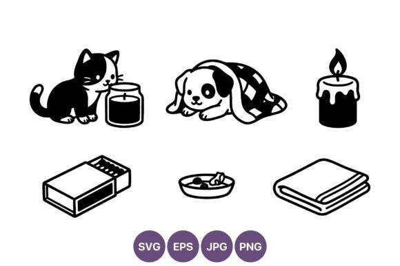Cat Candle Puppy Blanket Line Art