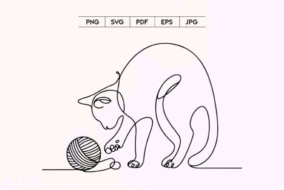 Cat Playing with Yarn Ball Line Art