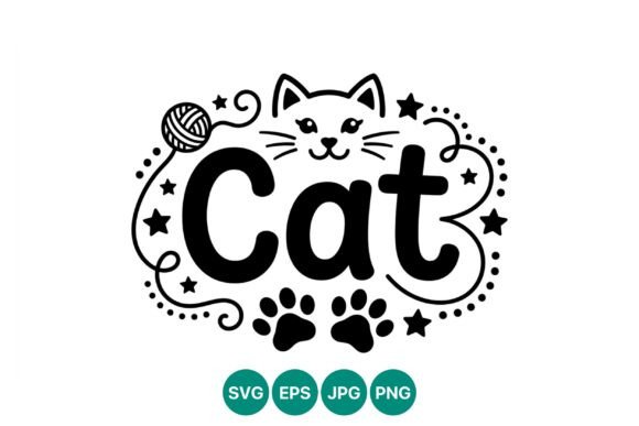 Cat Word with Face Paws and Yarn Vector