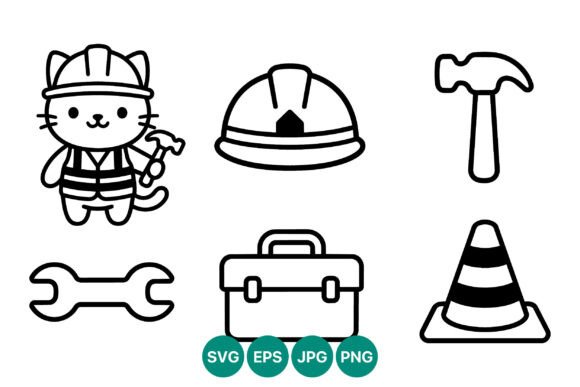 Construction Cat Black White Line Art