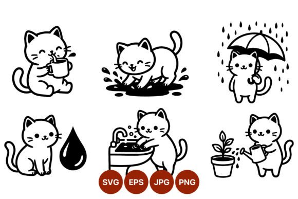 Cute Black and White Cat Vector Set