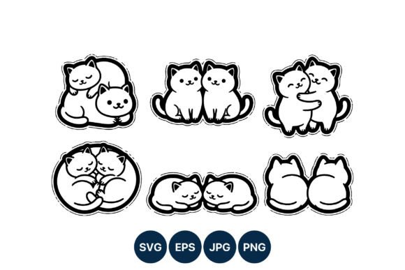 Cute Black White Cartoon Cat Pairs