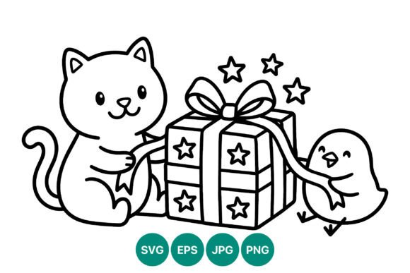 Cute Cat and Bird Holding Gift Vector