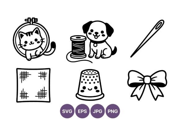 Cute Cat and Puppy Sewing Clipart