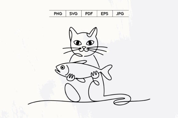 Cute Cat Holding Fish Line Art Design