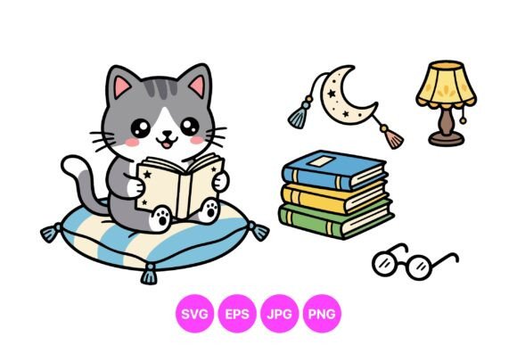 Cute Cat Reading Clipart Set