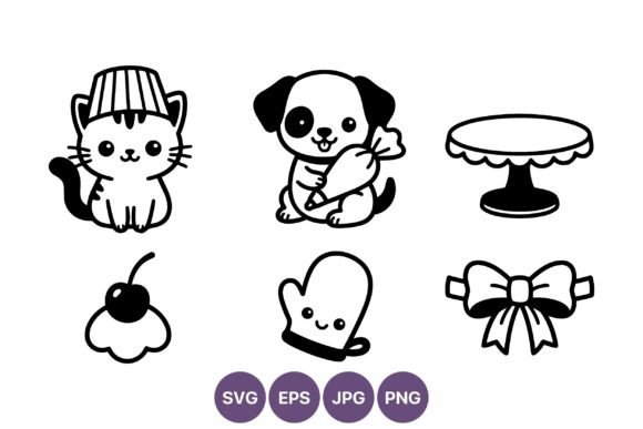 Cute Kitten and Puppy Baking Icons Set