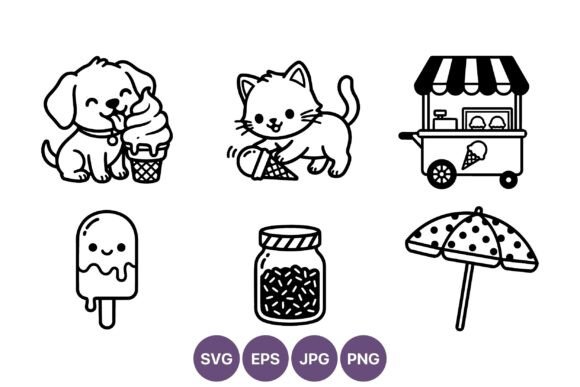Cute Puppy and Kitten Ice Cream Line Art