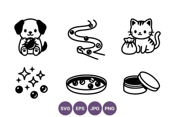 Cute Puppy Cat Marbles Line Art Icons