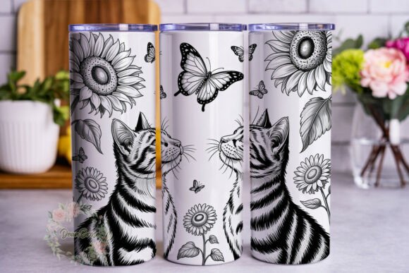 Grayscale Cat Sunflower Tumbler