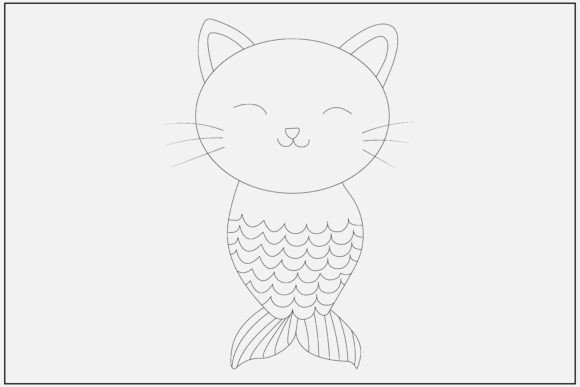 Kawaii Mermaid Cat Line Art