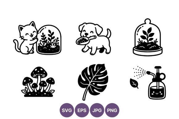 Kitten and Puppy Line Art Plant Icons