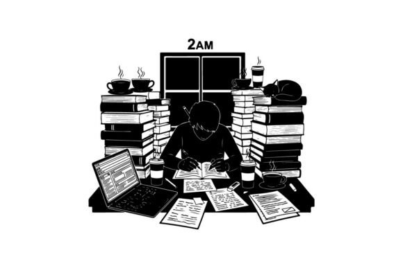 Late Night Study Session with Cat Silhouette