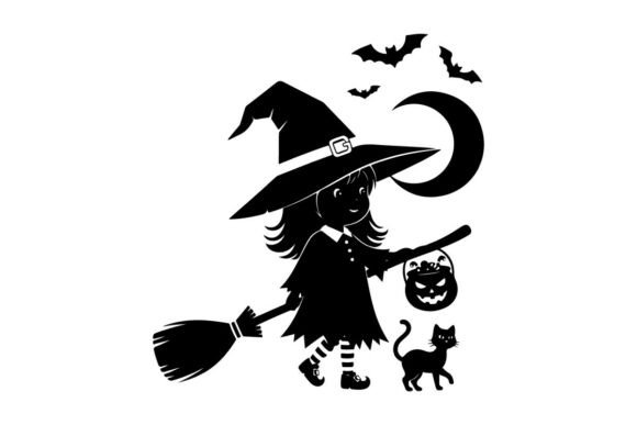 Little Witch Silhouette with Broom Cat