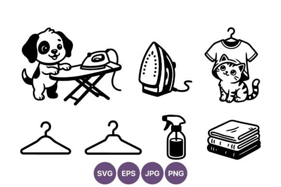 Puppy Ironing Clothes with Cat Vector