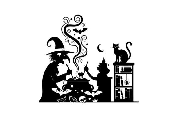 Silhouette of Witch and Child with Cat B