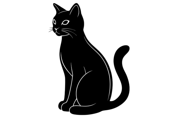 Sitting Black Cat Silhouette with White