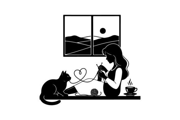 Woman Knitting with Cat Silhouette