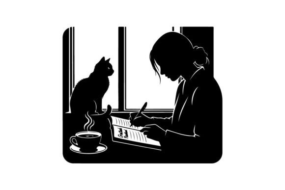 Woman Working with Cat Vector Illustration